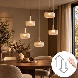 Design hanglamp rosé goud met amber glas incl. LED 3-staps dimbaar 5-lichts easylift - Fiera