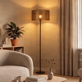 Golvlampa svart med lampskärm i brunt pappersrep 50/50/25 - Simplo