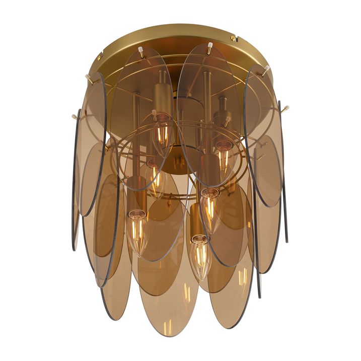 Art Deco plafondlamp goud met amber glas ovaal 6-lichts - Mochan
