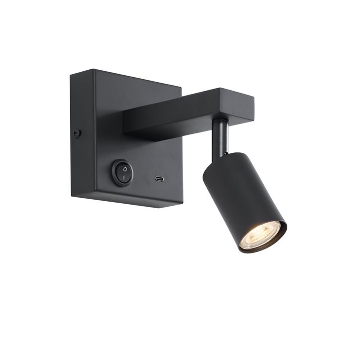Lampă de perete modernă neagră cu USB-C înclinabilă - Rex