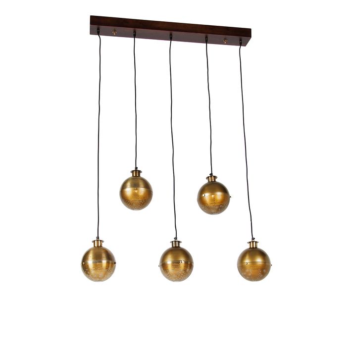 Candeeiro de suspensão industrial bronze com madeira 5 luzes - Haicha