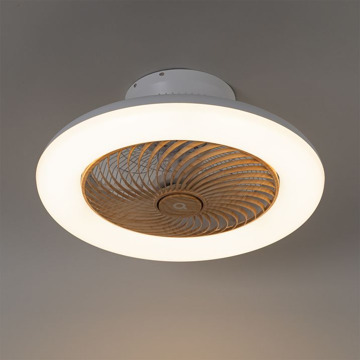 Stropní ventilátor bílý s dřevěným potiskem 55 cm vč. LED stmívatelný s dálkovým ovládáním - Clima
