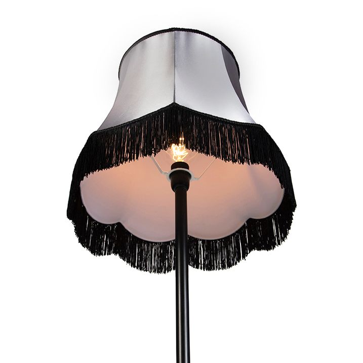 Retro stāvlampa melna ar vecmāmiņas abažūru melnā un pelēkā krāsā 45 cm - Simplo