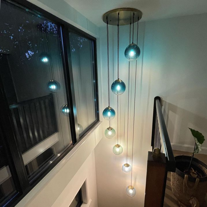 Lampă suspendată Art Deco din alamă cu sticlă albastră 7 lumini - Pallon