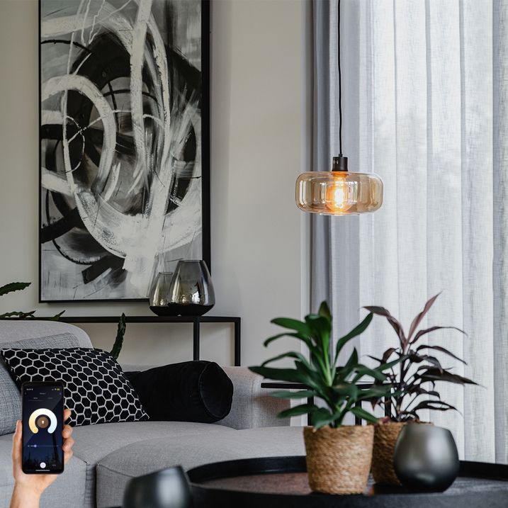 Smarte Pendelleuchte schwarz mit bernsteinfarbenem Glas inkl. WiFi A60 - Bizle