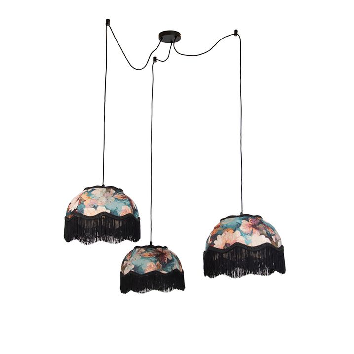 Hanglamp zwart met bloemen kap en witte binnenkant 31,5cm 3-lichts - Cava