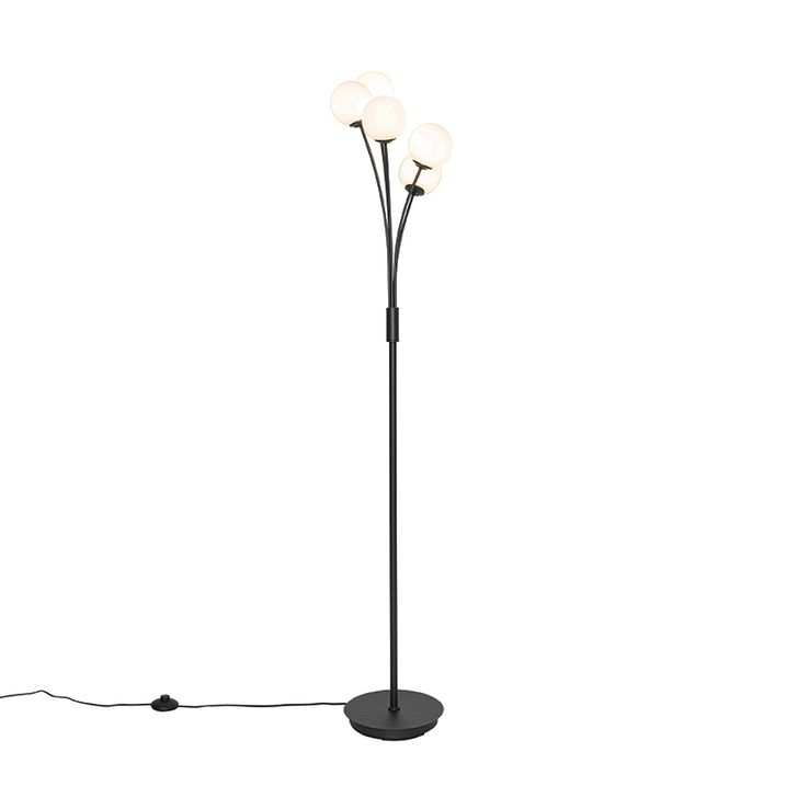 Moderná stojaca lampa čierna s opálovým sklom 5-svetlo - Atény
