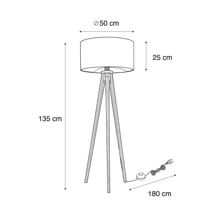 Gulvlampe valnøtttre med svart skjerm med gullinteriør 50 cm - Tripod Classic