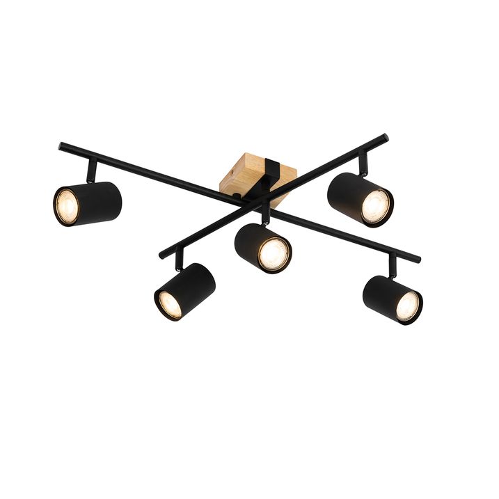 Plafonnier noir avec bois 5 lumières réglables rectangulaires - Jeana