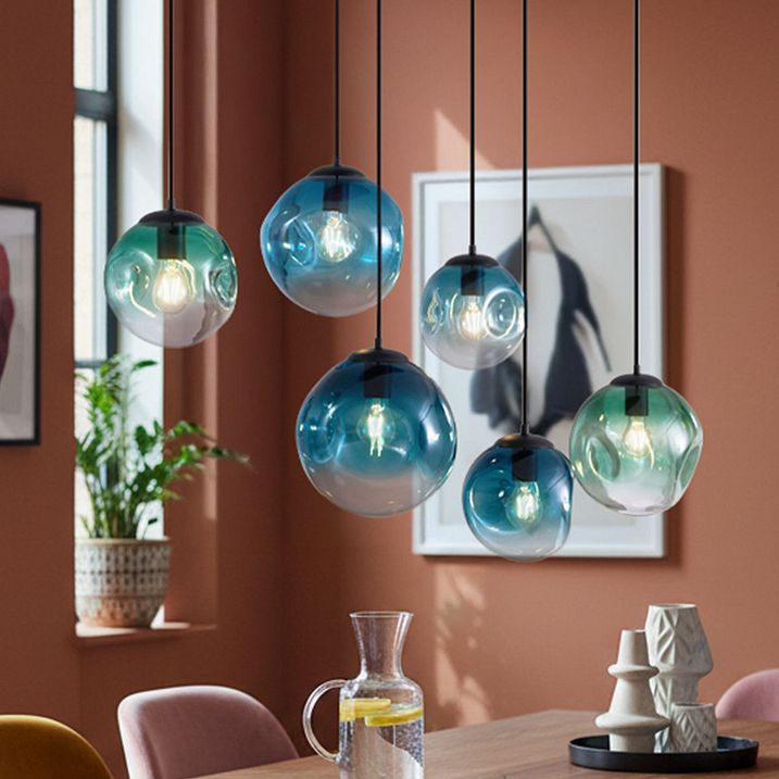 Art Deco viseća lampa crna sa ovalnom plafonskom pločom i zelenim i plavim staklom 6-svetla - Douglass