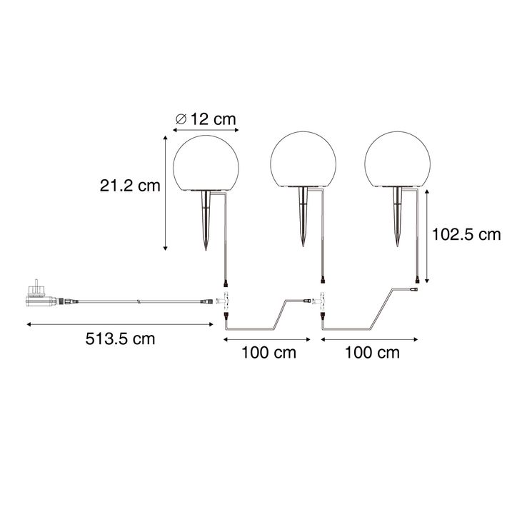 12V-System schwarz 7m mit 3 Aussenleuchten weiss 12cm inkl. LED IP44 - Voltaire Luno