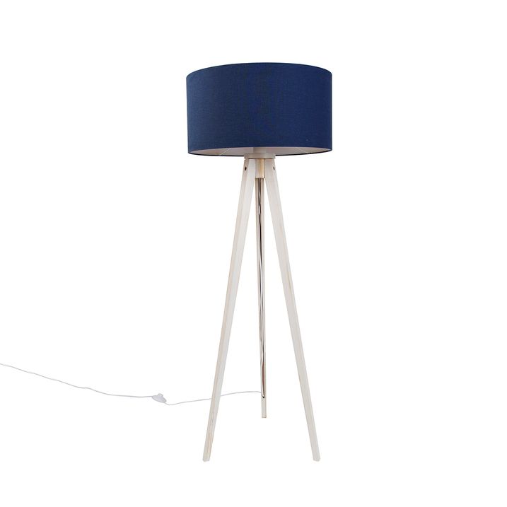 Stojací lampa na trojnožce bílá s tmavě modrým látkovým stínidlem 50 cm - Tripod Classic