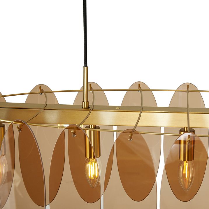 Art Deco piekaramā lampa zelta krāsā ar dzintara ovālu stiklu, 5 gaismas - Mochan