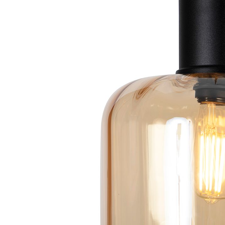 Design hanglamp zwart met amber glas 3-lichts 226 cm - Qara