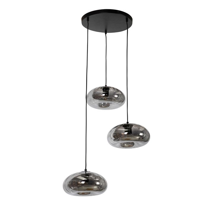 Candeeiro de suspensão Art Deco preto com vidro fumê redondo 3-luzes - Ayesha