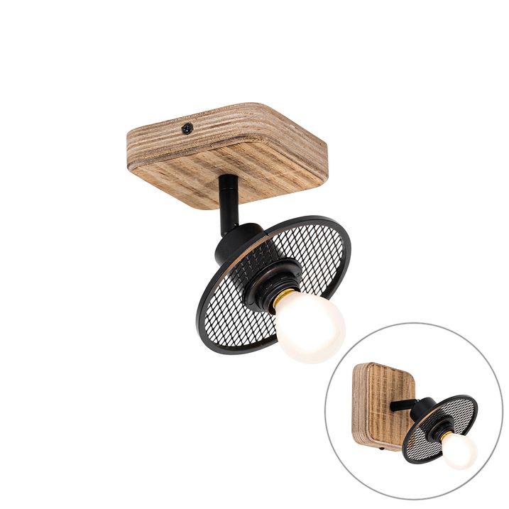 Industrial Ceiling Spotlight Black with Wood - Jasmijn