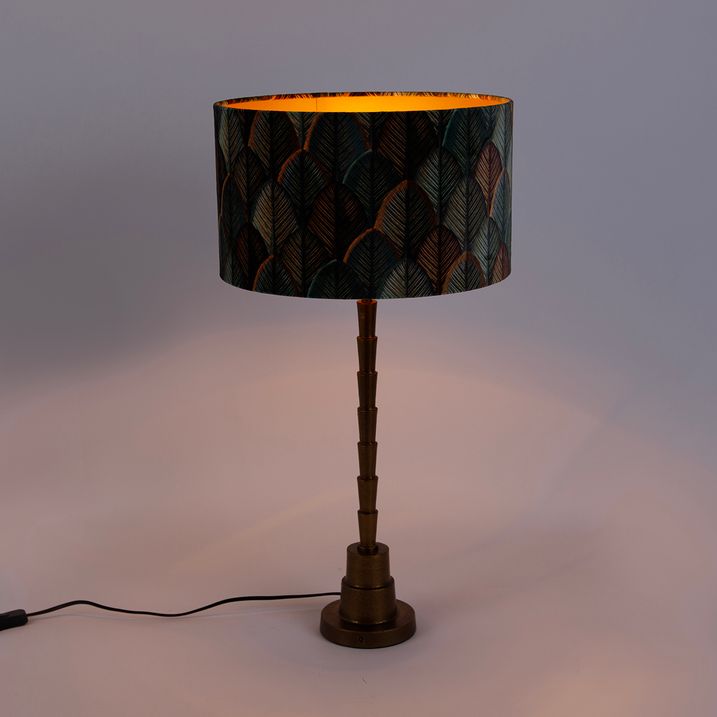 Tafellamp brons met velours lampenkap blad dessin met gouden binnenkant - Pisos
