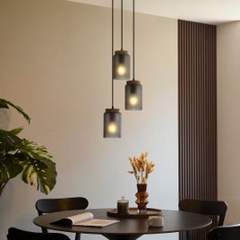 Lampă suspendată modernă neagră cu lemn și sticlă gri mat cu 3 lumini - Umbra