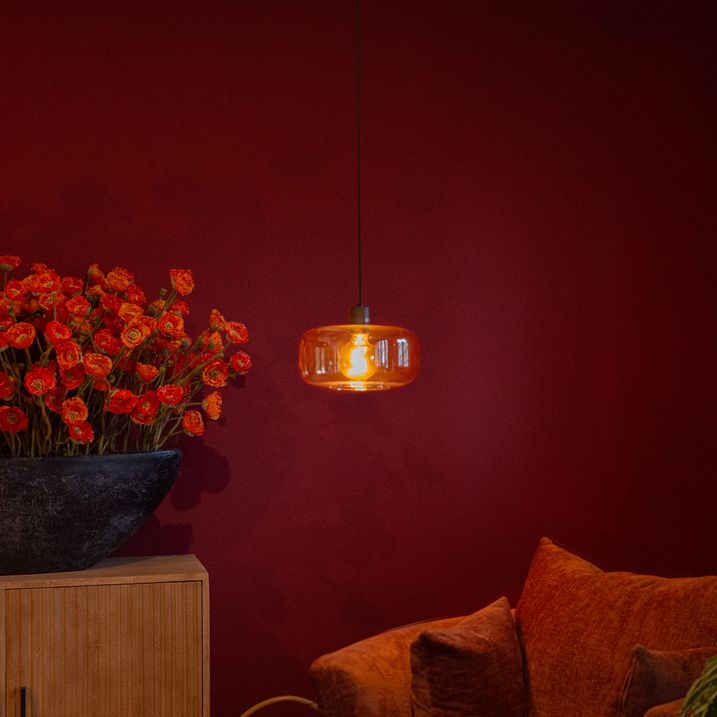 Smarte Pendelleuchte schwarz mit bernsteinfarbenem Glas inkl. WiFi A60 - Bizle