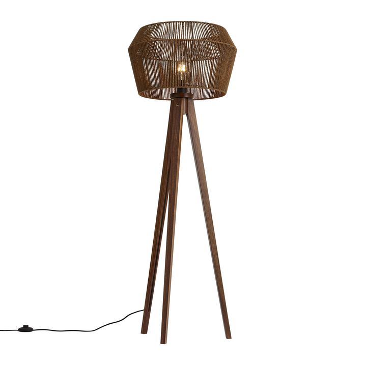 Vloerlamp walnoot hout met bruine papieren touw kap 50/50/30 - Tripod Classic