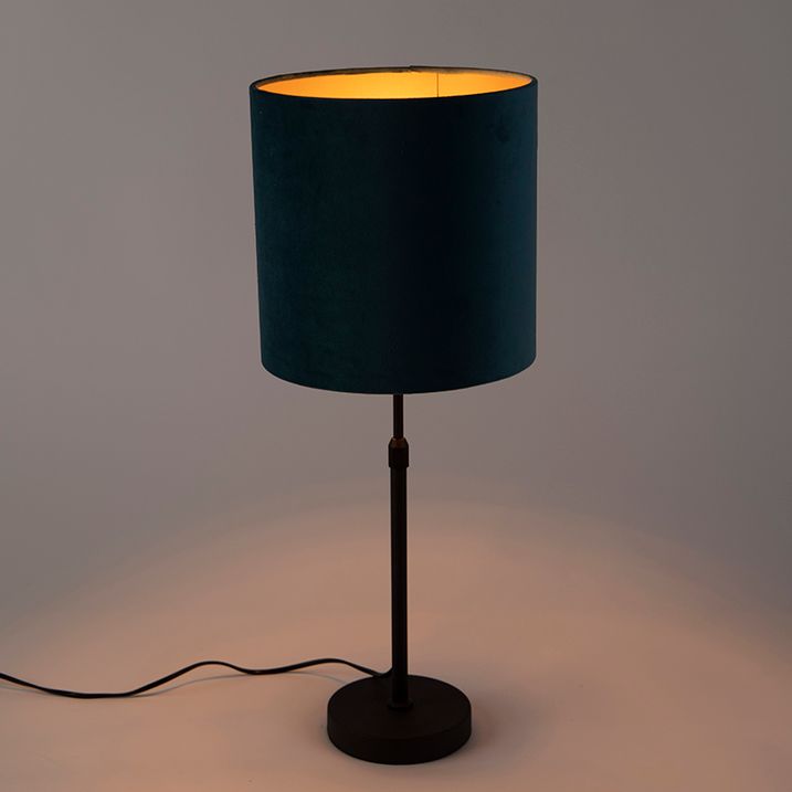Stolná lampa čierna s modrým zamatovým tienidlom so zlatom 25 cm - Parte