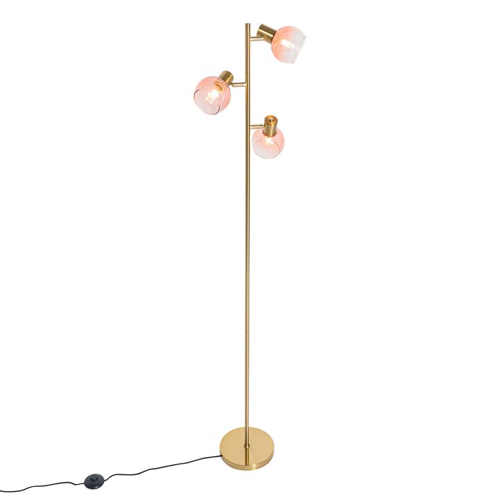 Art Deco podna lampa zlatna sa roze staklom 3-svetla - Vidro