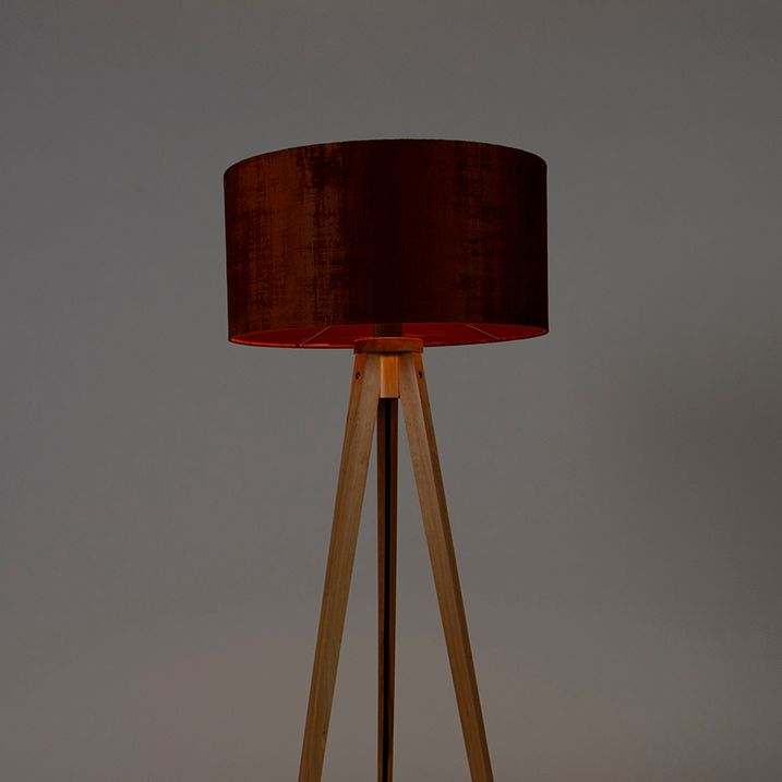 Stojací lampa dřevěná s oranžovým látkovým stínítkem 50 cm - Tripod Classic