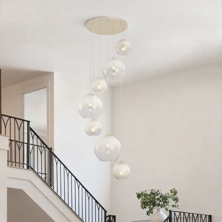 Art Deco piekaramā lampa bēša ar baltu stiklu 7 gaismas - Sandra