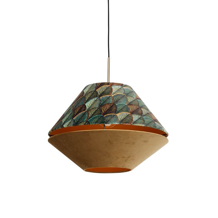 Yaprak Desenli ve Bej Renkli Çift Kadife Başlıklı Modern Bronz Sarkıt Lamba - Combi 1