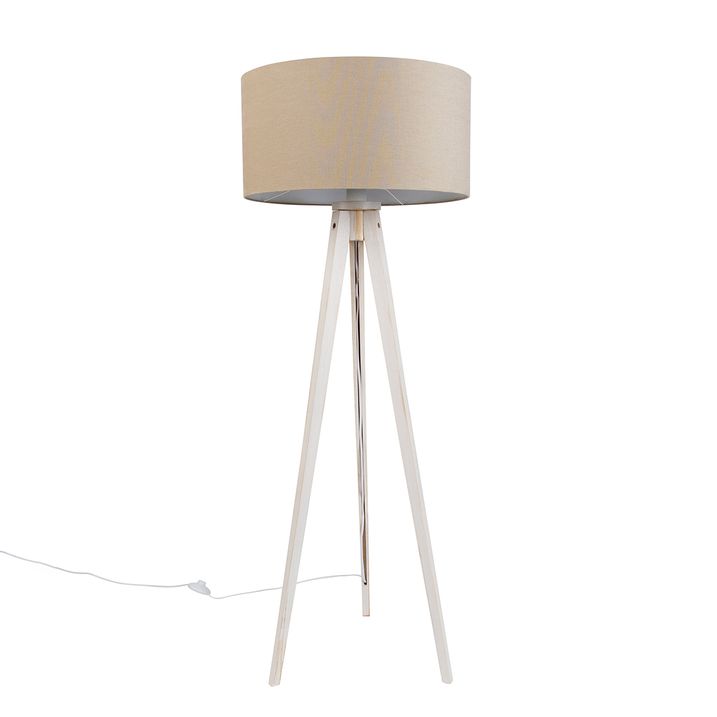 Stojací lampa na trojnožce bílá se světle hnědým látkovým stínidlem 50 cm - Tripod Classic