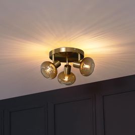 Spot modern de tavan auriu cu sticlă chihlimbar rotund 3 lumini - Teddy