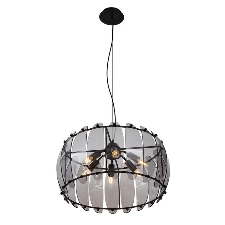 Lampa suspendată inteligentă neagră cu sticlă fumurie rotundă cu 6 lumini, inclusiv WiFi C35 - Mochan