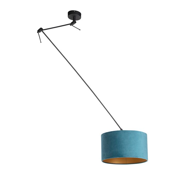 Lampa wisząca czarna z niebieskim aksamitnym kloszem ze złotem 35 cm - Blitz