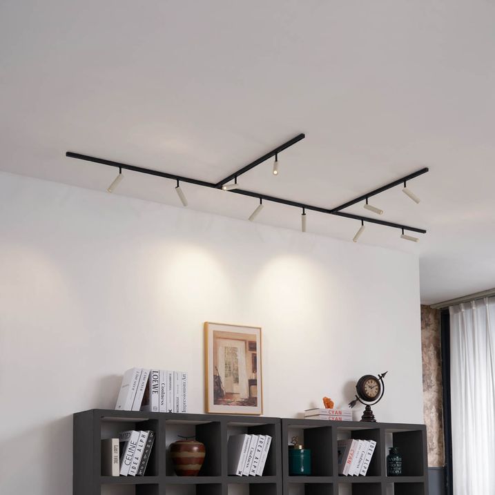 Système d'éclairage sur rail moderne avec 10 spots beige et noir monophasé - Slimline Uzzy