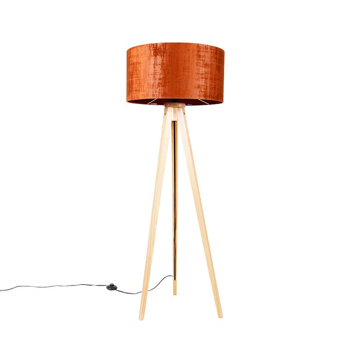 Stojací lampa dřevěná s oranžovým látkovým stínítkem 50 cm - Tripod Classic