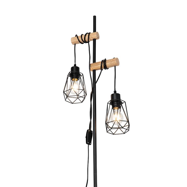 Landelijke vloerlamp zwart met hout 2-lichts met kap - Dami Frame