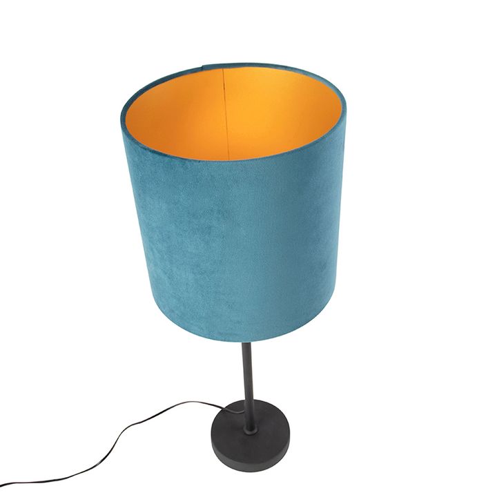 Stolná lampa čierna s modrým zamatovým tienidlom so zlatom 25 cm - Parte
