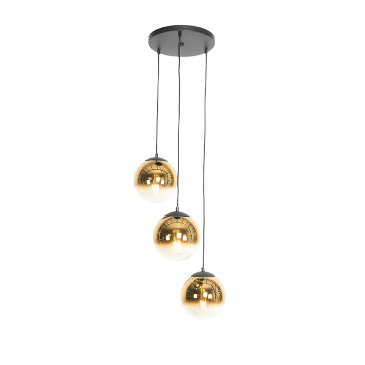 Art Deco Pendelleuchte schwarz mit goldfarbenem Glas rund 3-flammig - Pallon