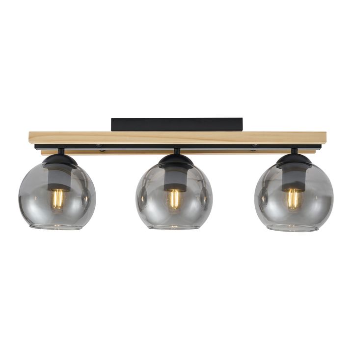 Plafoniera smart nera con legno e vetro fumé 3 luci incl. WiFi A60 - Aleks