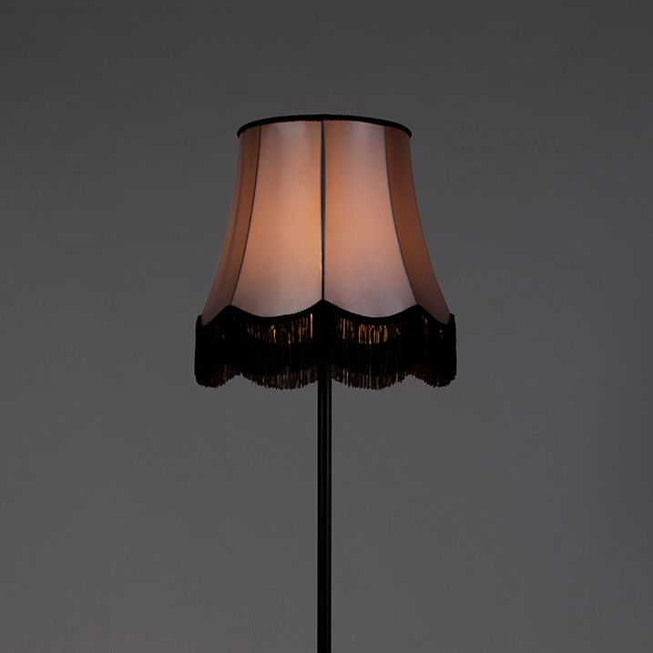 Retro stāvlampa melna ar vecmāmiņas abažūru melnā un pelēkā krāsā 45 cm - Simplo