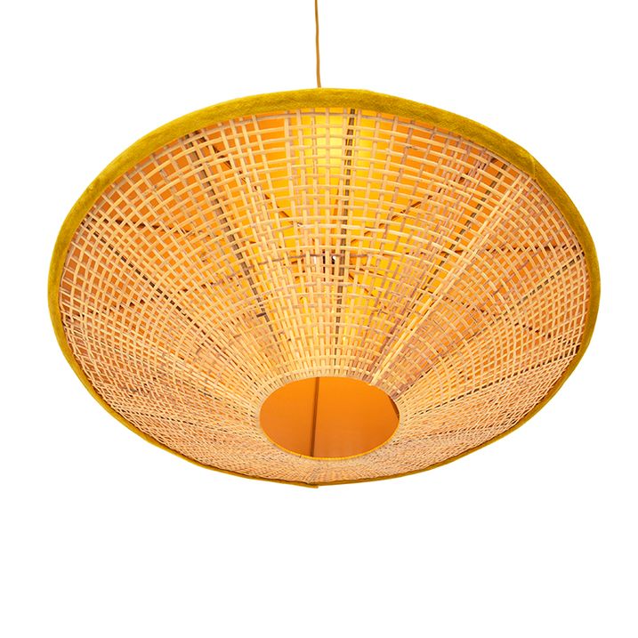 Landelijke hanglamp geel velours met rotan 60cm - Frills Can