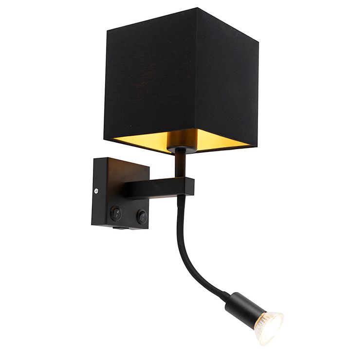 USB soketi ve kare siyah başlıklı modern duvar lambası - Zeno
