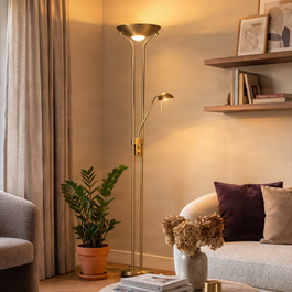 Candeeiro de pé em bronze com candeeiro de leitura incluindo LED e dimmer - Diva 2
