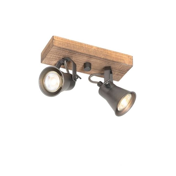 Rustikaler Strahler schwarz mit Holz 2-Licht verstellbar - Jelle