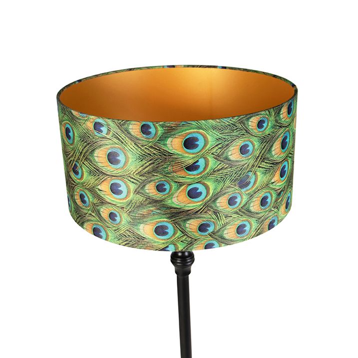Candeeiro de pé preto com abajur em veludo azul-petróleo dourado 50 cm - Classico