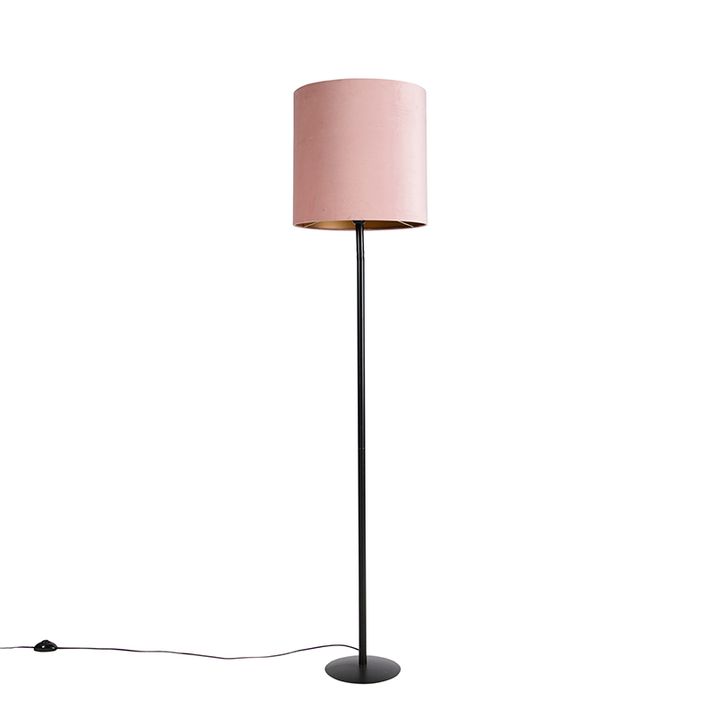 Lampă de podea neagră cu abajur din catifea roz cu auriu 40 cm - Simplo