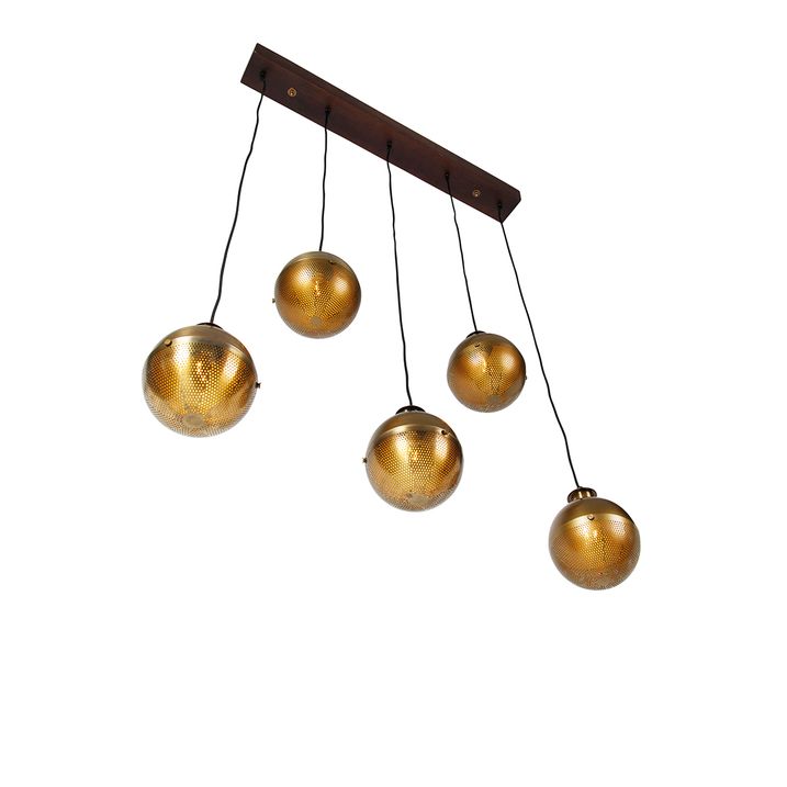 Candeeiro de suspensão industrial bronze com madeira 5 luzes - Haicha