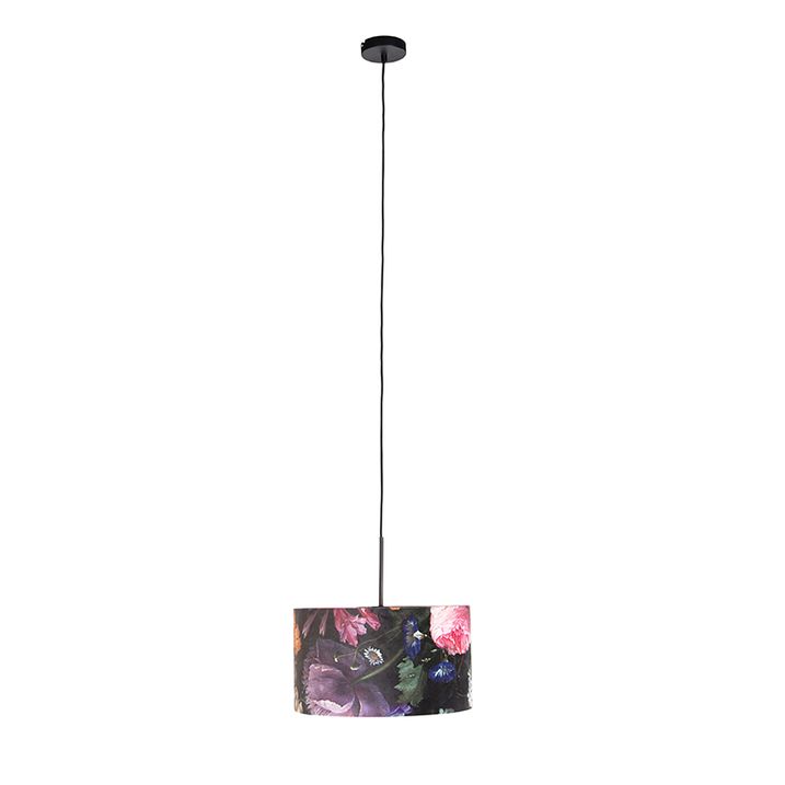Závěsné svítidlo s sametovým stínidlem s květinami a zlatem 35 cm - Combi