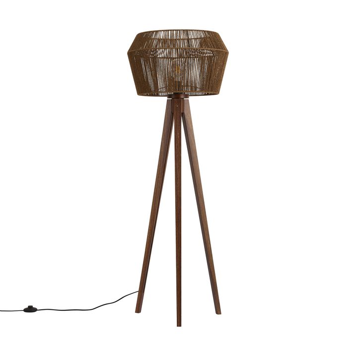 Vloerlamp walnoot hout met bruine papieren touw kap 50/50/30 - Tripod Classic