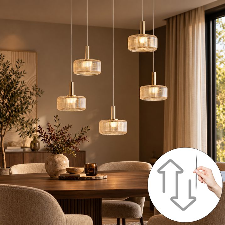 Design-Pendelleuchte Roségold mit Amberglas inkl. LED 3-Stufen dimmbar 5-flammig Easylift - Fiera